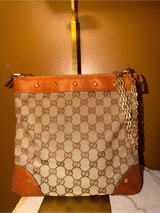 Gucci Handbags - Gucci Brown GG Canvas and Leather Messenger Crossbody Bag w/ Added Chain Strap